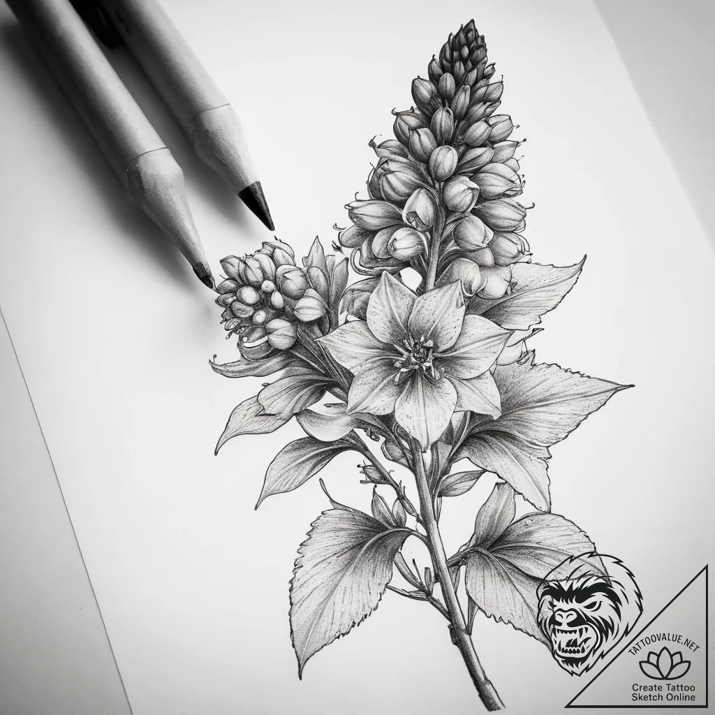 Tattoo sketch delphinium flower, concept art... - tattoo sketch (№1759104921_0, 29.09.2025 00:15) — tattoovalue.net