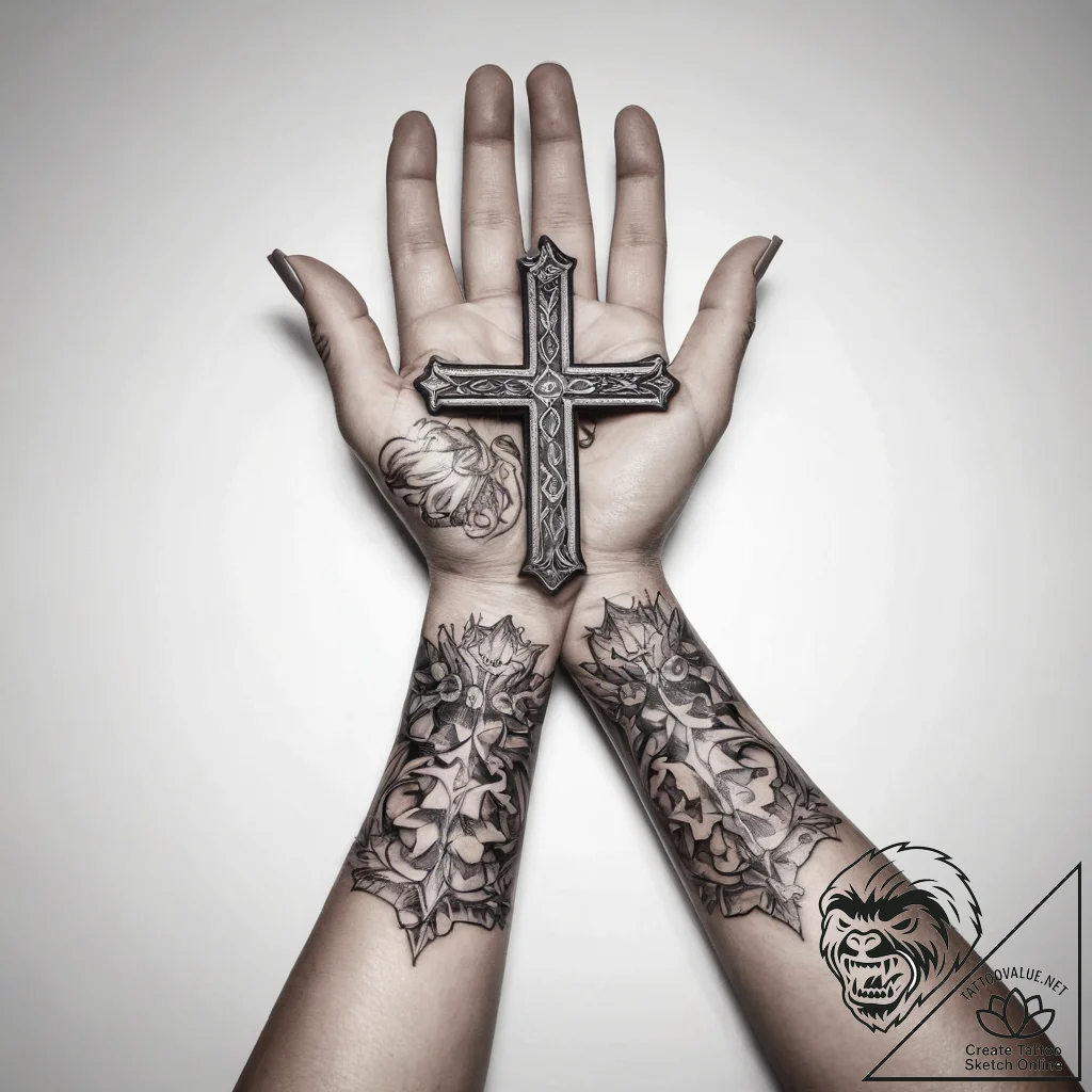 Tattoo sketch hands with a cross - tattoo sketch (№1759110986_0, 29.09.2025 01:56) — tattoovalue.net