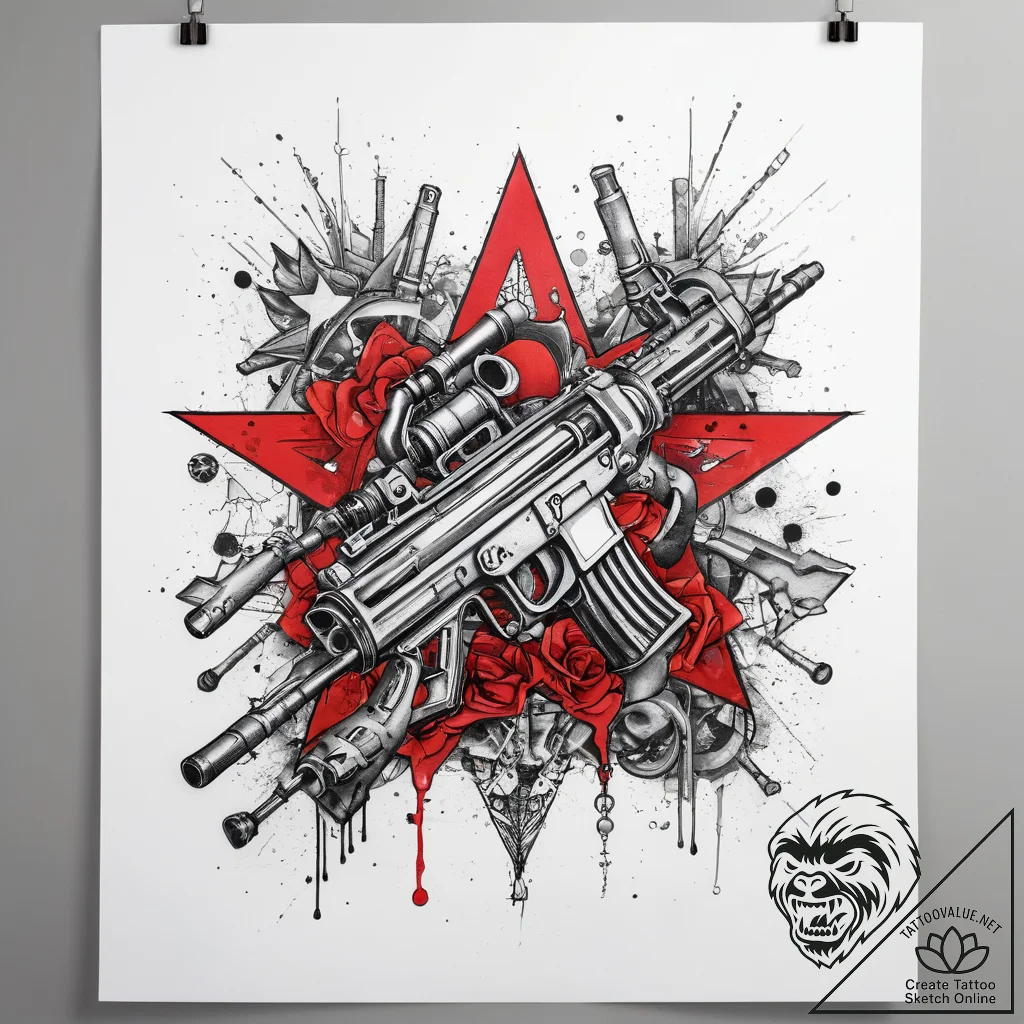 Tattoo sketch star with a machine gun, tattoo... - tattoo sketch (№1759112939_0, 29.09.2025 02:28) — tattoovalue.net