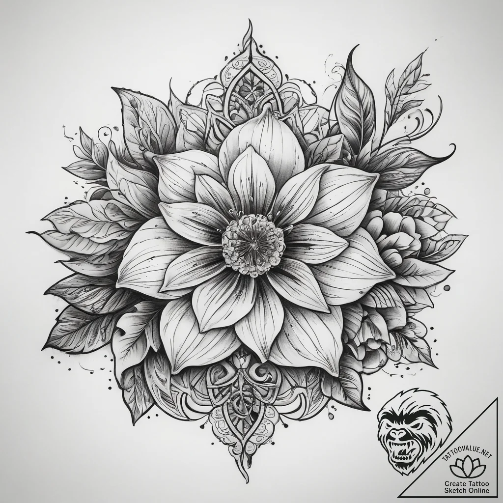 Tattoo sketch blooming flower, tattoo line ar... - tattoo sketch (№1759116066_0, 29.09.2025 03:21) — tattoovalue.net