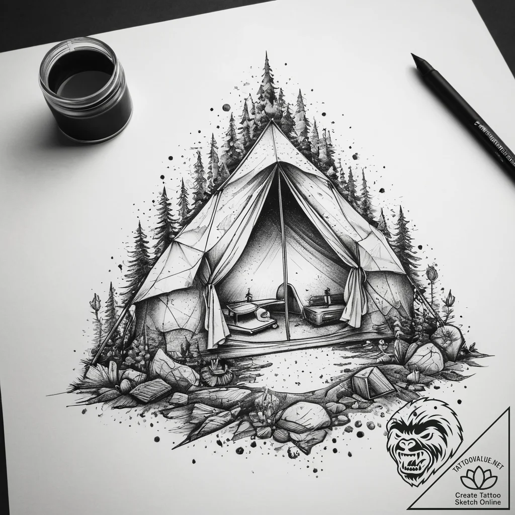 Tattoo sketch camping a person in a tent, tat... - tattoo sketch (№1759119190_0, 29.09.2025 04:13) — tattoovalue.net