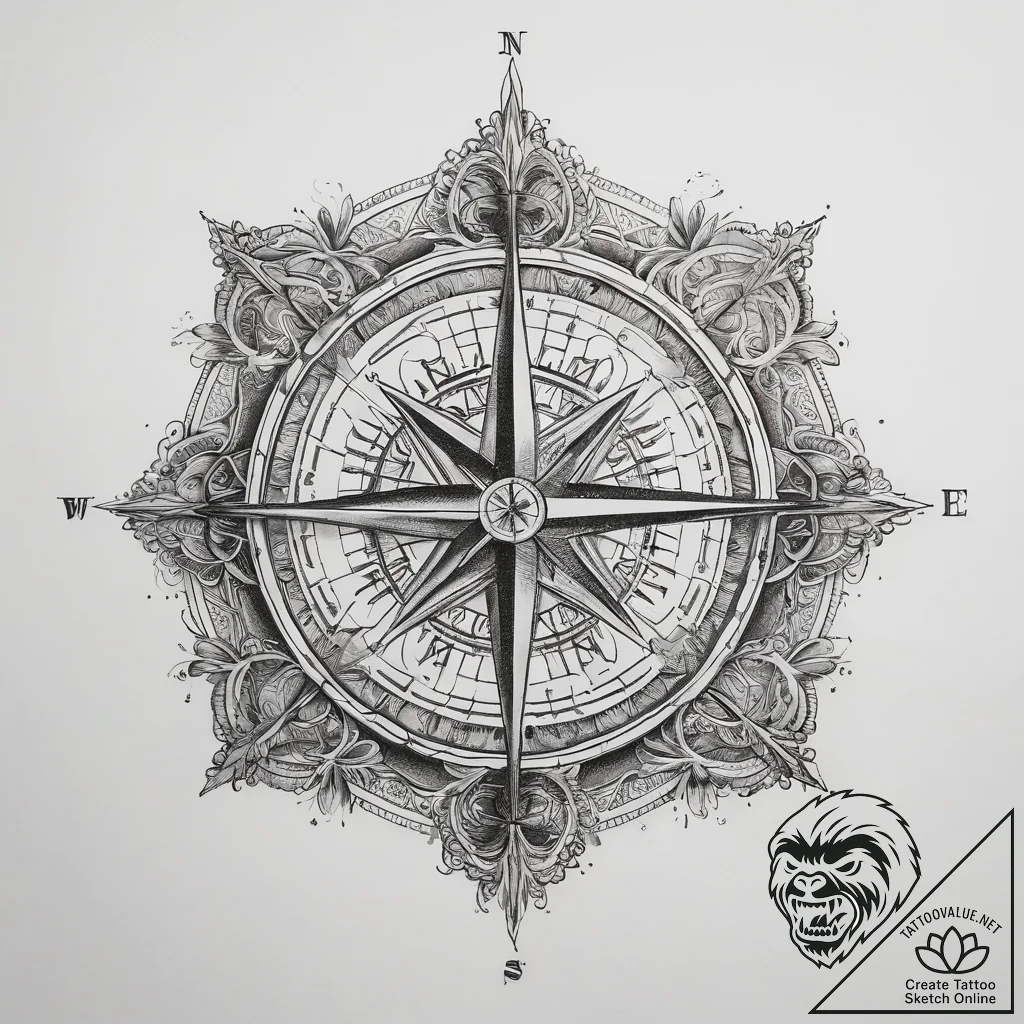 Tattoo sketch compass with a star, tattoo dra... - tattoo sketch (№1759134847_0, 29.09.2025 08:34) — tattoovalue.net