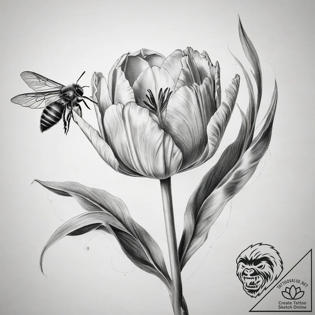Tattoo sketch tulip with a bee, concept art f... - tattoo sketch (№1759135246_0, 29.09.2025 08:40) — tattoovalue.net