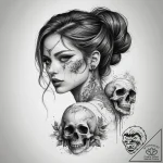 Tattoo sketch girl with a skull, concept art… – tattoo sketch (№1759141449_0, 29.09.2025 10:24) — tattoovalue.net