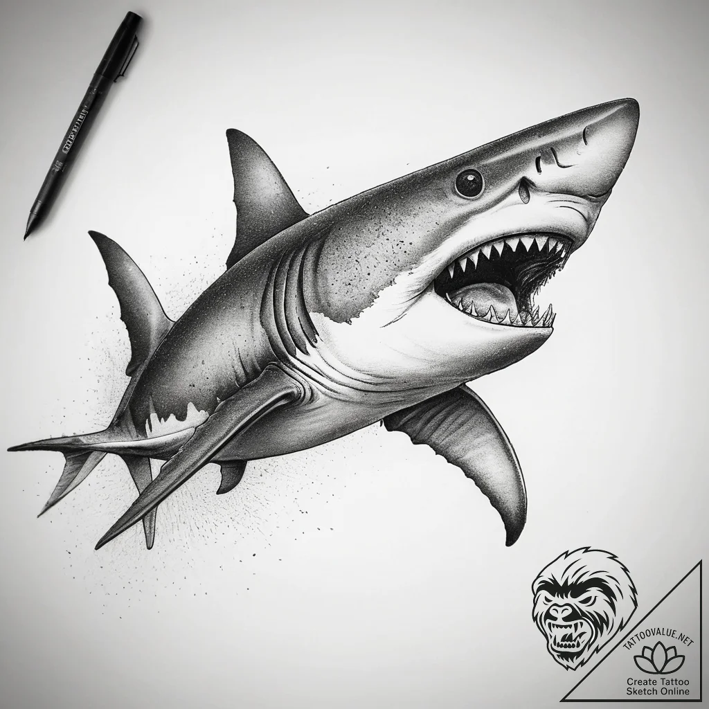 Tattoo sketch акула, tattoo line art, muted c... - tattoo sketch (№1759146308_0, 29.09.2025 11:45) — tattoovalue.net