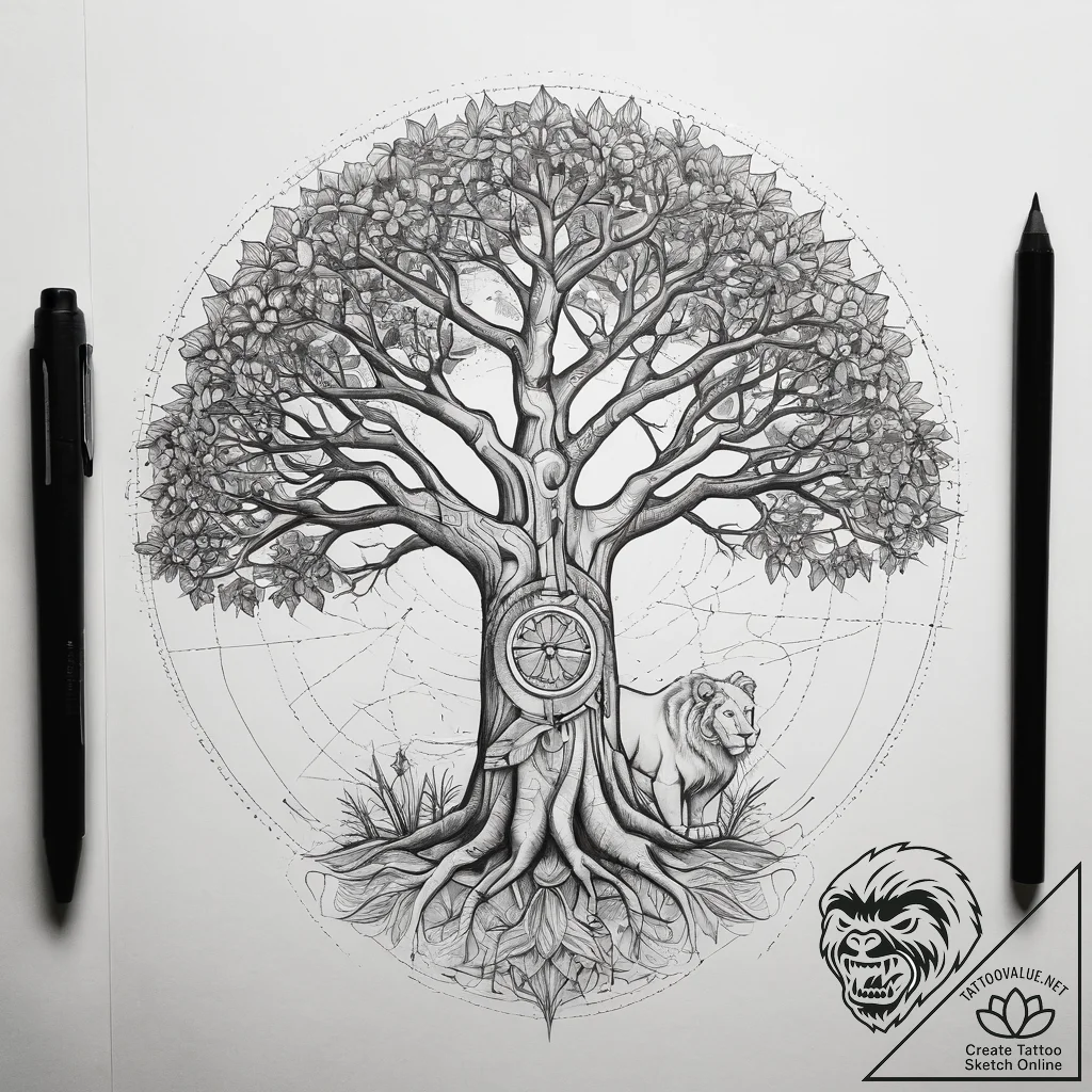 Tattoo sketch baobab tree with a lion, tattoo... - tattoo sketch (№1759146502_0, 29.09.2025 11:48) — tattoovalue.net