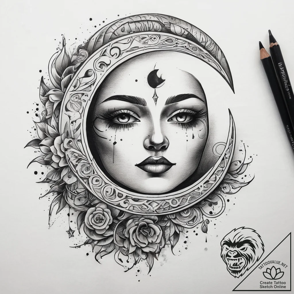 Tattoo sketch new moon, concept art for tatto... - tattoo sketch (№1759147277_0, 29.09.2025 12:01) — tattoovalue.net