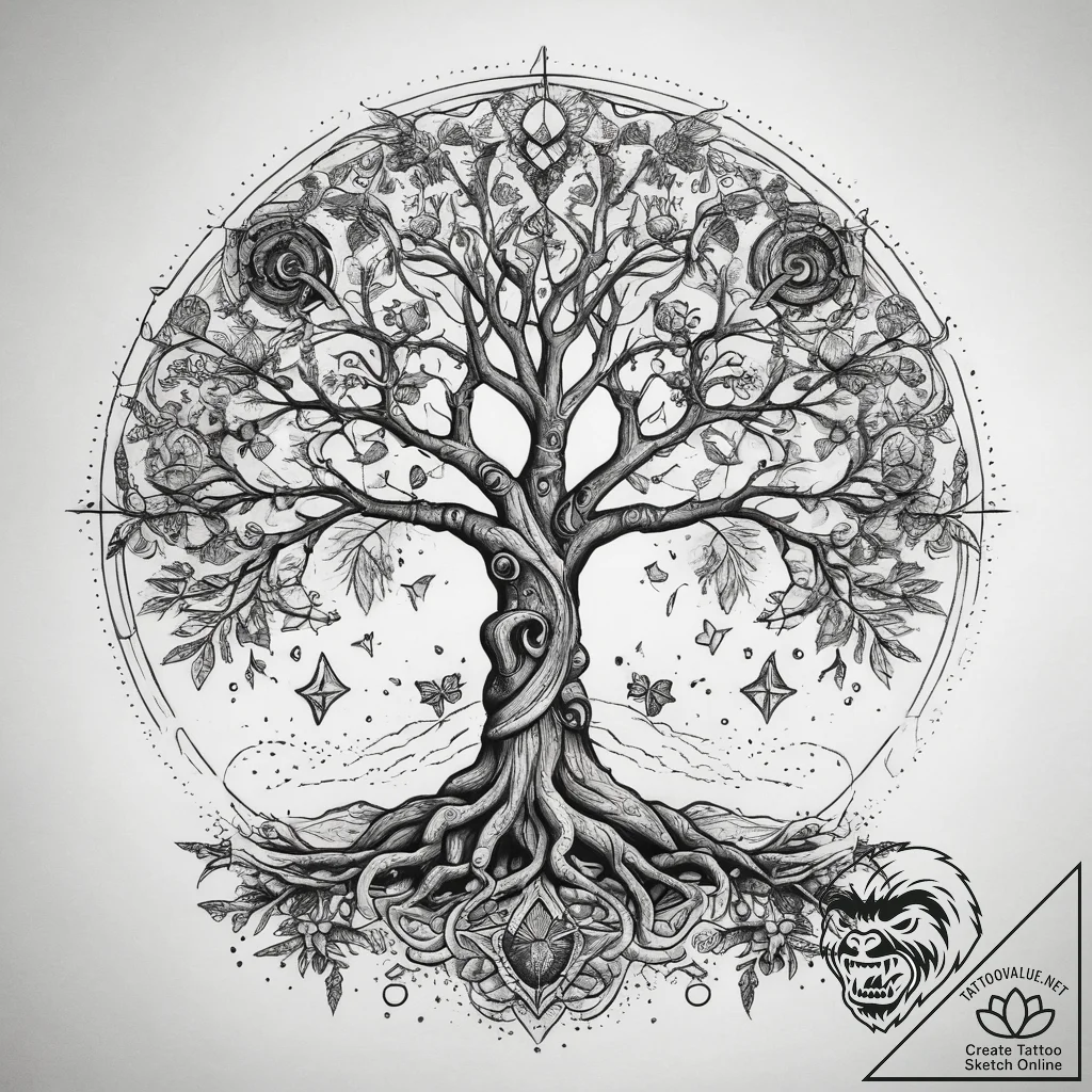 Tattoo sketch tree of life with magical symbo... - tattoo sketch (№1759149423_0, 29.09.2025 12:37) — tattoovalue.net