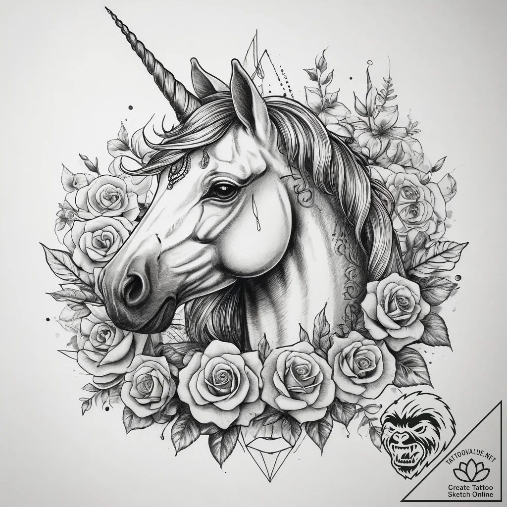Tattoo sketch unicorn with a flower, tattoo f... - tattoo sketch (№1759150391_0, 29.09.2025 12:53) — tattoovalue.net