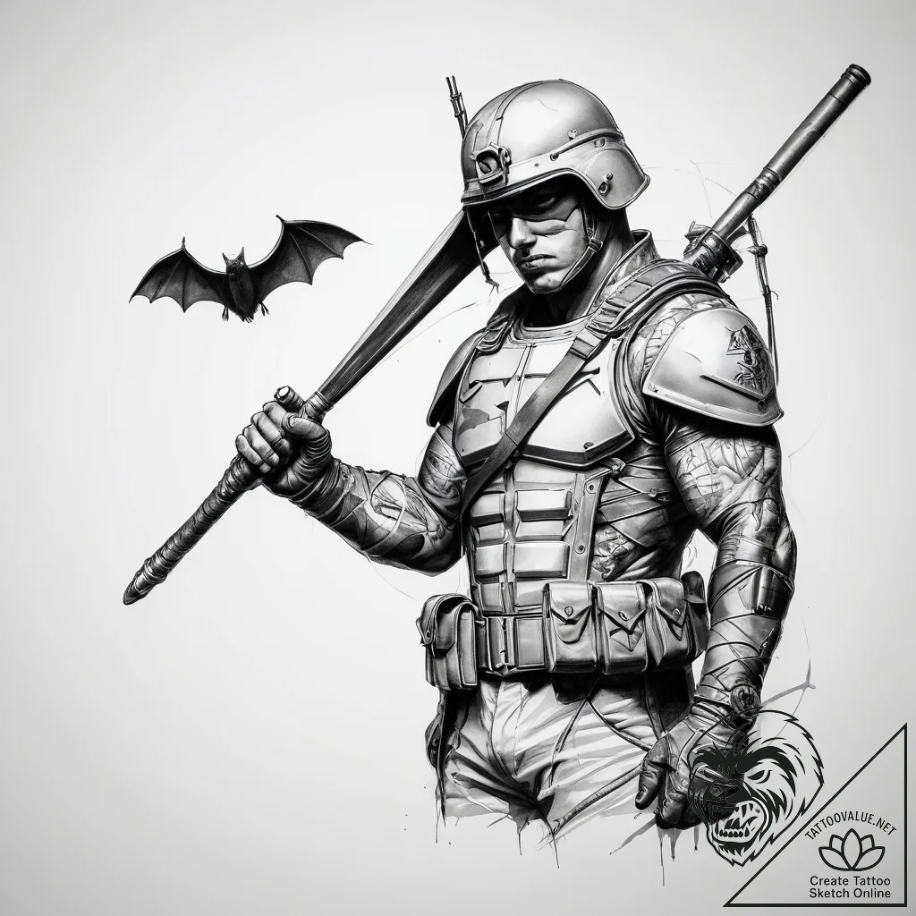 Tattoo sketch soldier with a bat - tattoo sketch (№1759151951_0, 29.09.2025 13:19) — tattoovalue.net