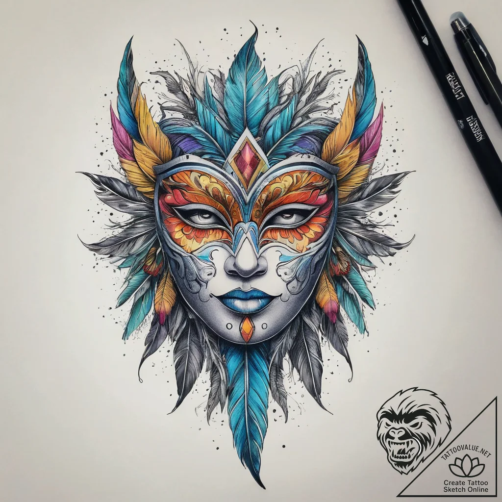 Tattoo sketch feathered mask tattoo, ink illu... - tattoo sketch (№1759153125_0, 29.09.2025 13:38) — tattoovalue.net