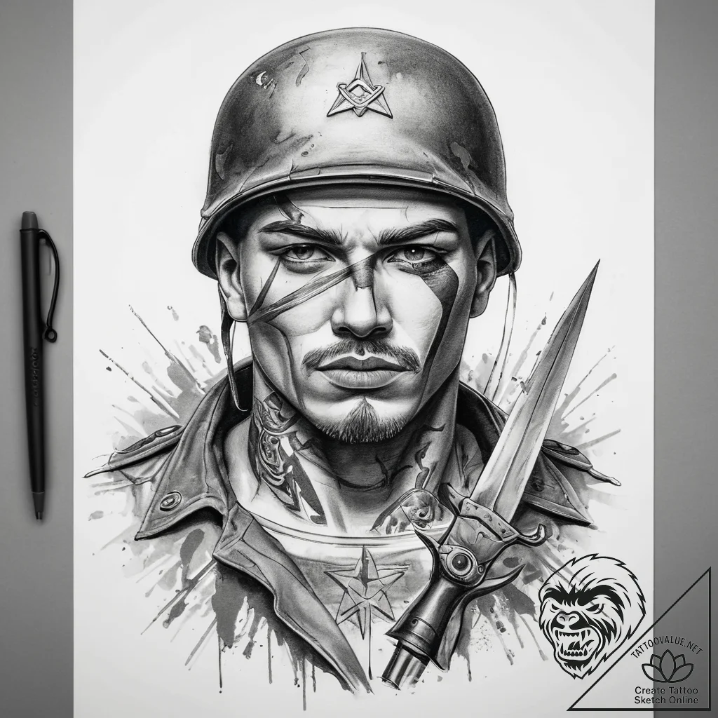 Tattoo sketch soldier with a scissors, ink il... - tattoo sketch (№1759168690_0, 29.09.2025 17:58) — tattoovalue.net