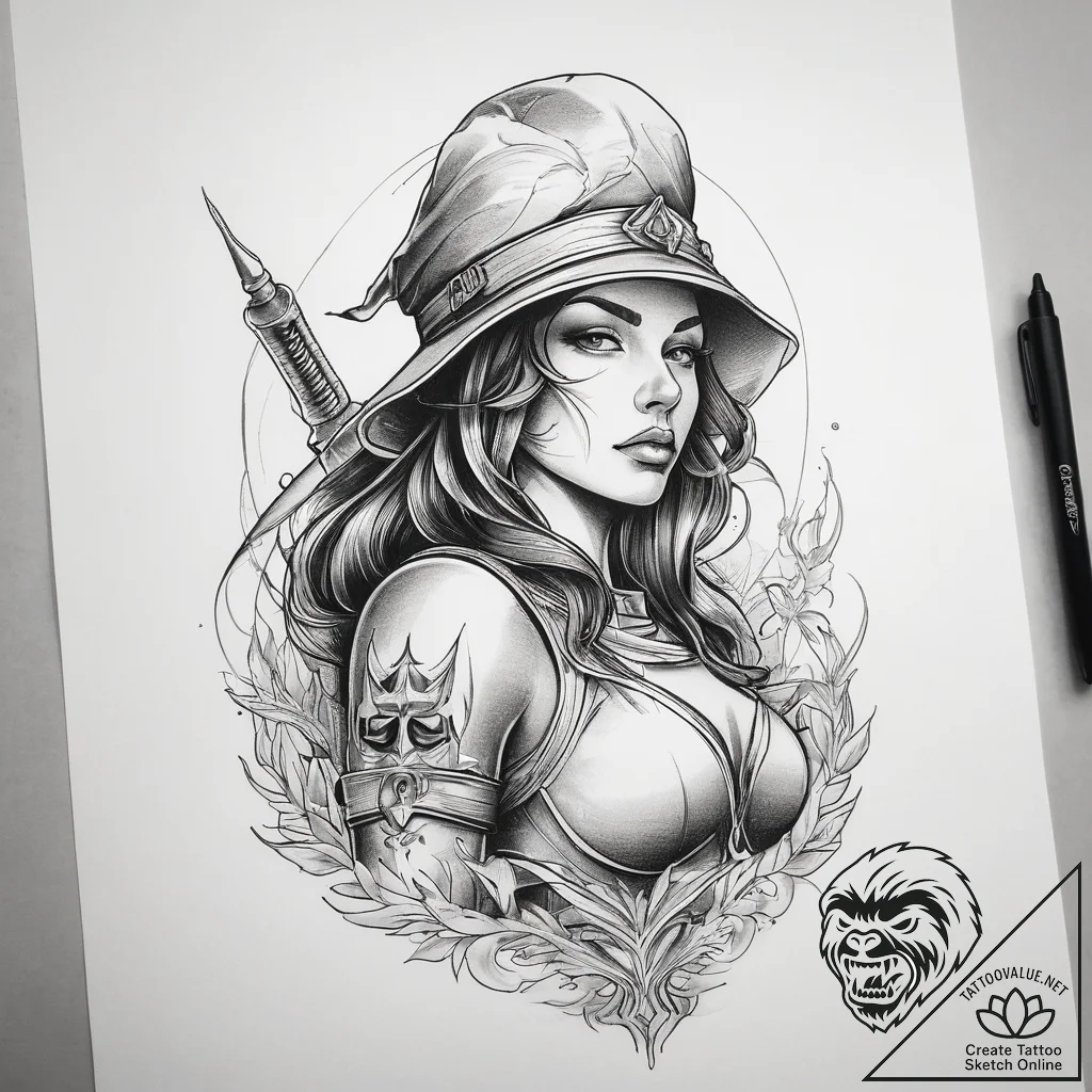 Tattoo sketch soldier with a witch, ink illus... - tattoo sketch (№1759168884_0, 29.09.2025 18:01) — tattoovalue.net