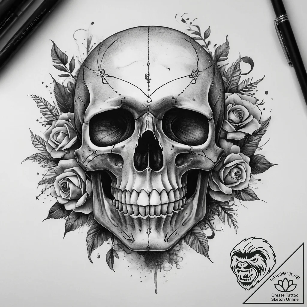 Tattoo sketch skull, concept art for tattoo,... - tattoo sketch (№1759171220_0, 29.09.2025 18:40) — tattoovalue.net