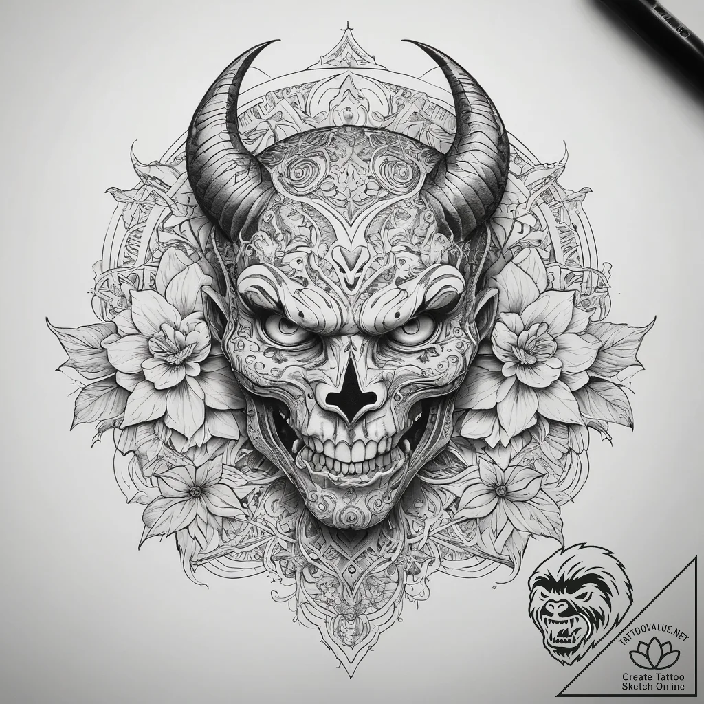Tattoo sketch demon with a flower, tattoo dra... - tattoo sketch (№1759172196_0, 29.09.2025 18:56) — tattoovalue.net