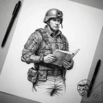 Tattoo sketch soldier with a book – tattoo sketch (№1759178629_0, 29.09.2025 20:43) — tattoovalue.net