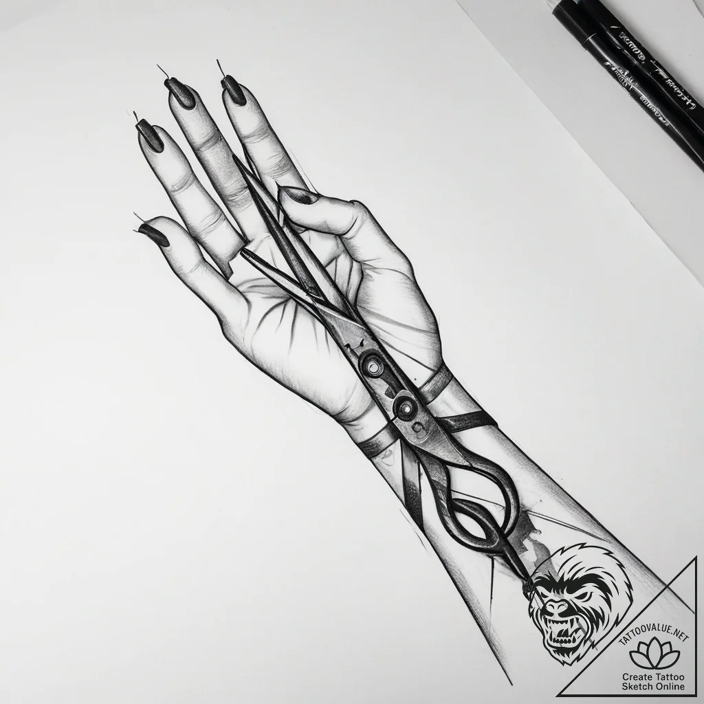 Tattoo sketch hands with a scissors, ink illu... - tattoo sketch (№1759180764_0, 29.09.2025 21:19) — tattoovalue.net