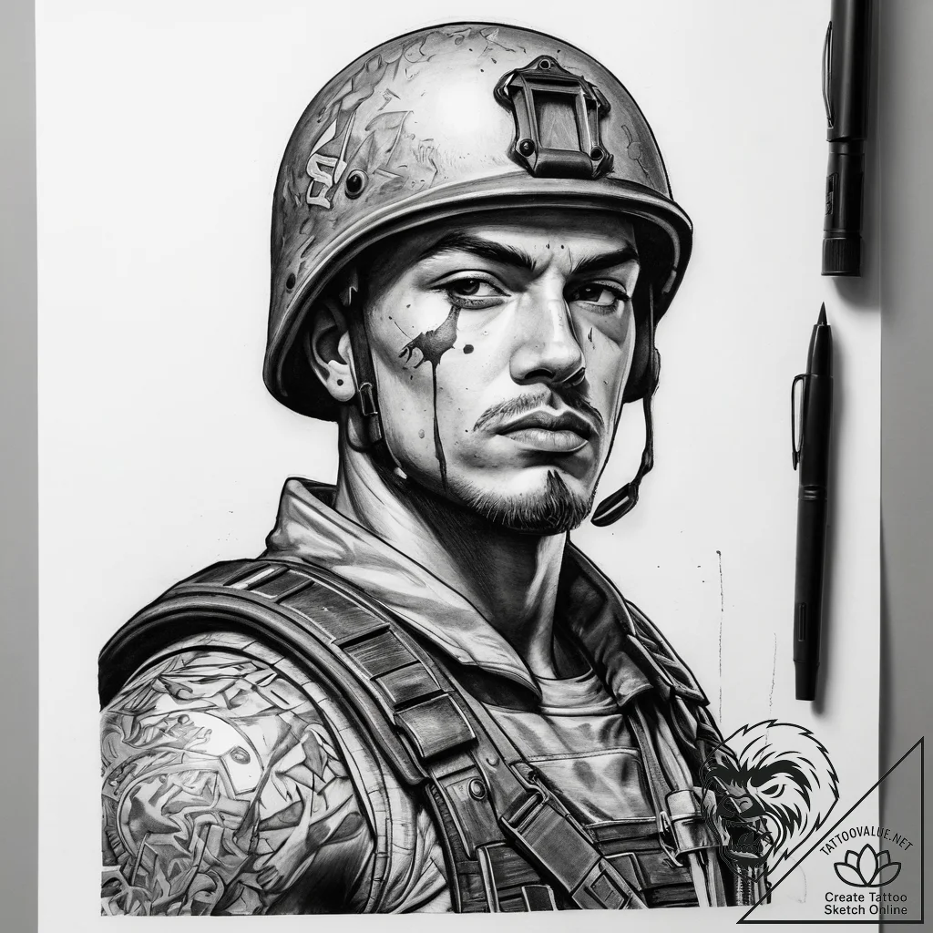 Tattoo sketch soldier with a brush, ink illus... - tattoo sketch (№1759185637_0, 29.09.2025 22:40) — tattoovalue.net
