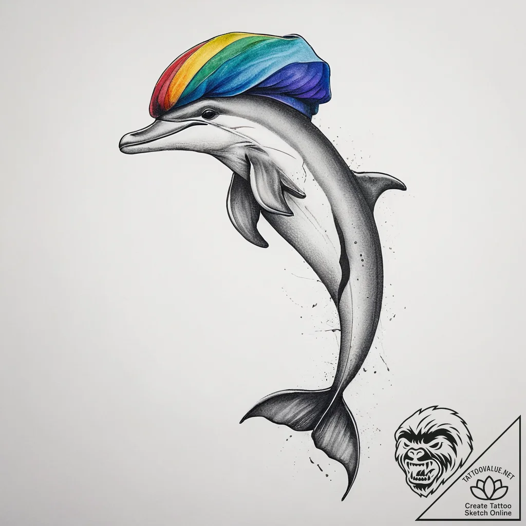 Tattoo sketch dolphin with a beret, tattoo li... - tattoo sketch (№1759187400_0, 29.09.2025 23:10) — tattoovalue.net
