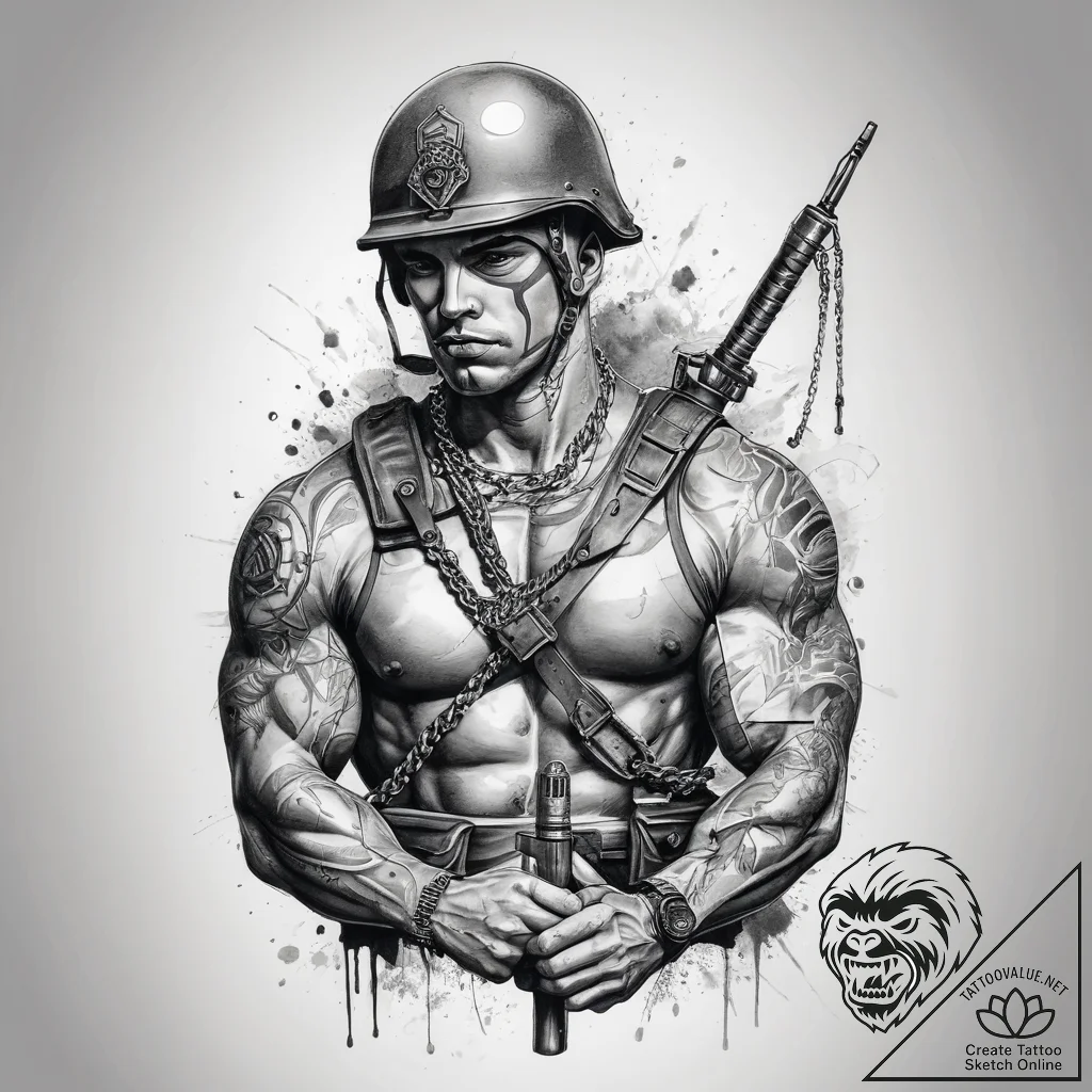 Tattoo sketch soldier with a chain, ink illus... - tattoo sketch (№1759188180_0, 29.09.2025 23:23) — tattoovalue.net