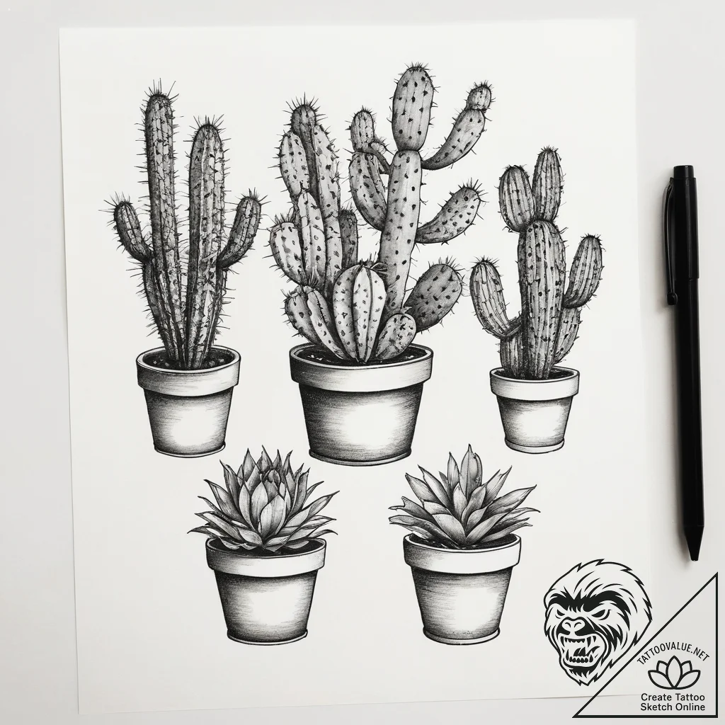 Tattoo sketch cacti in a pot, tattoo flash sh... - tattoo sketch (№1759193839_0, 30.09.2025 00:57) — tattoovalue.net