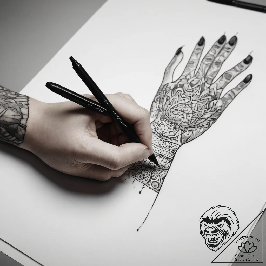 Tattoo sketch hands with a pen - tattoo sketch (№1759200238_0, 30.09.2025 02:43) — tattoovalue.net