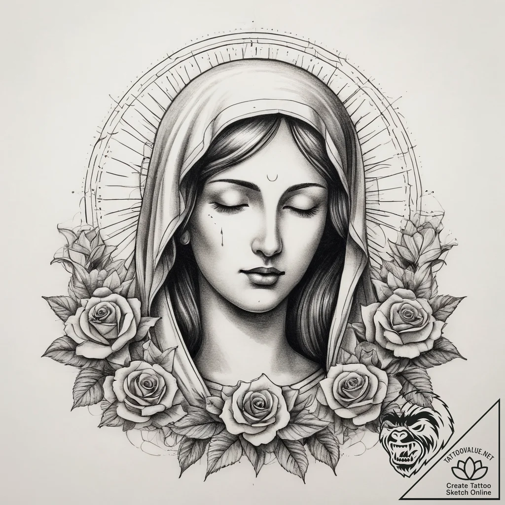 Tattoo sketch virgin mary and roses, artistic... - tattoo sketch (№1759208975_0, 30.09.2025 05:09) — tattoovalue.net