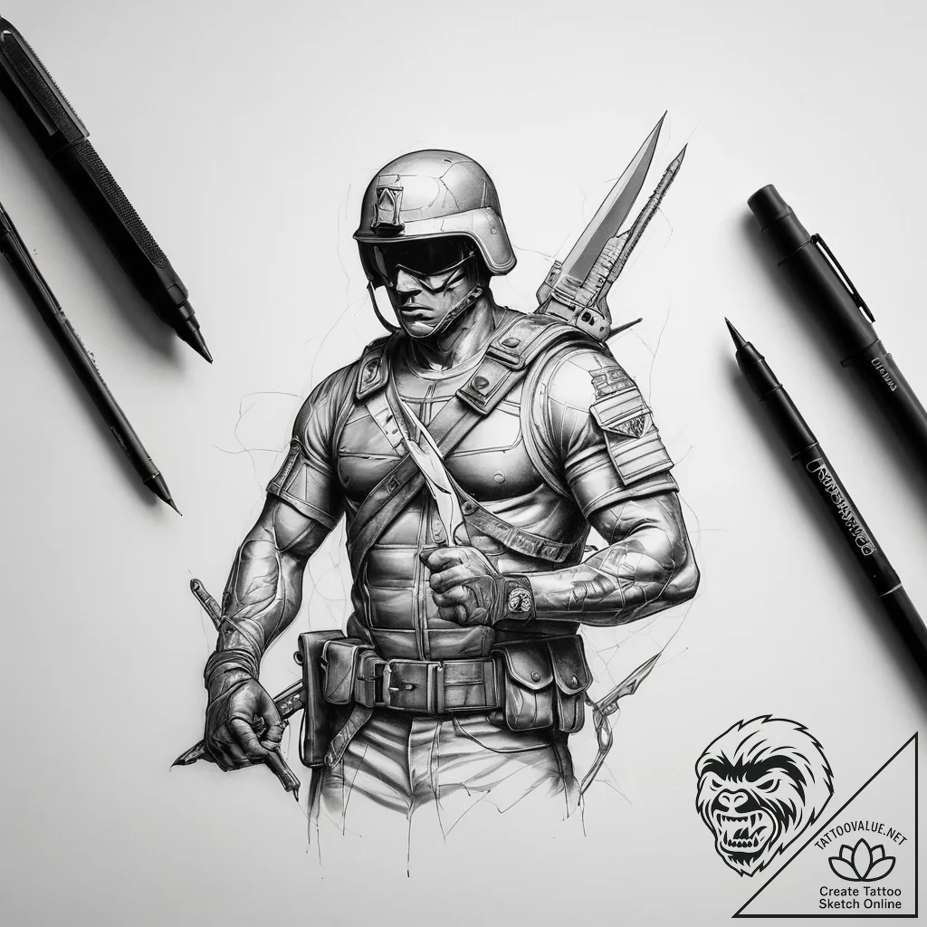 Tattoo sketch soldier with a scissors - tattoo sketch (№1759218337_0, 30.09.2025 07:45) — tattoovalue.net