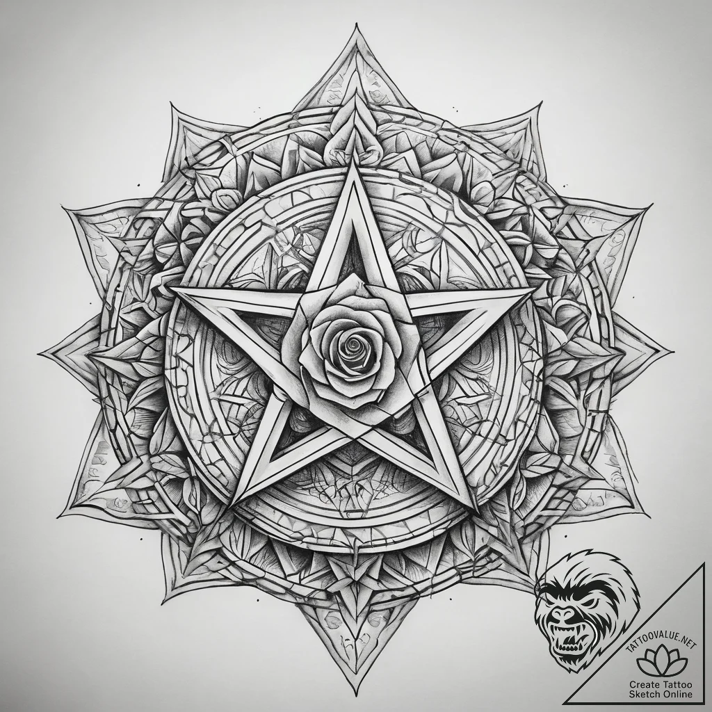 Tattoo sketch pentagram with a rose, tattoo s... - tattoo sketch (№1759221921_0, 30.09.2025 08:45) — tattoovalue.net
