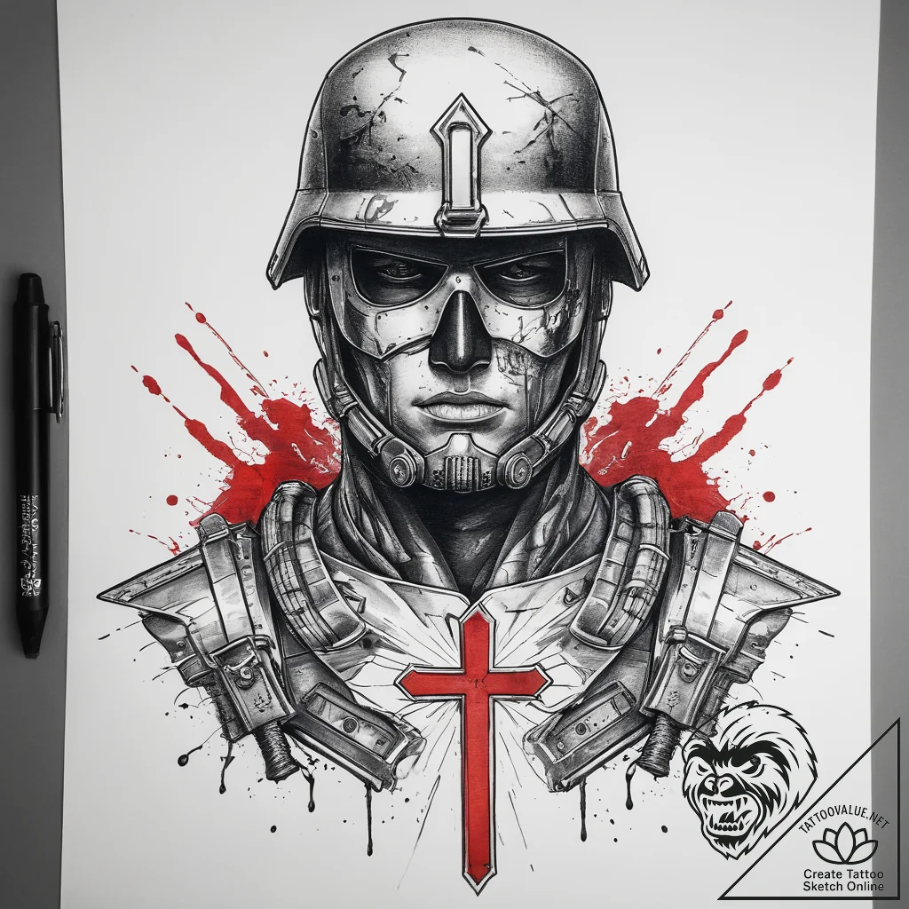 Tattoo sketch soldier with a metal, ink illus... - tattoo sketch (№1759231826_0, 30.09.2025 11:30) — tattoovalue.net