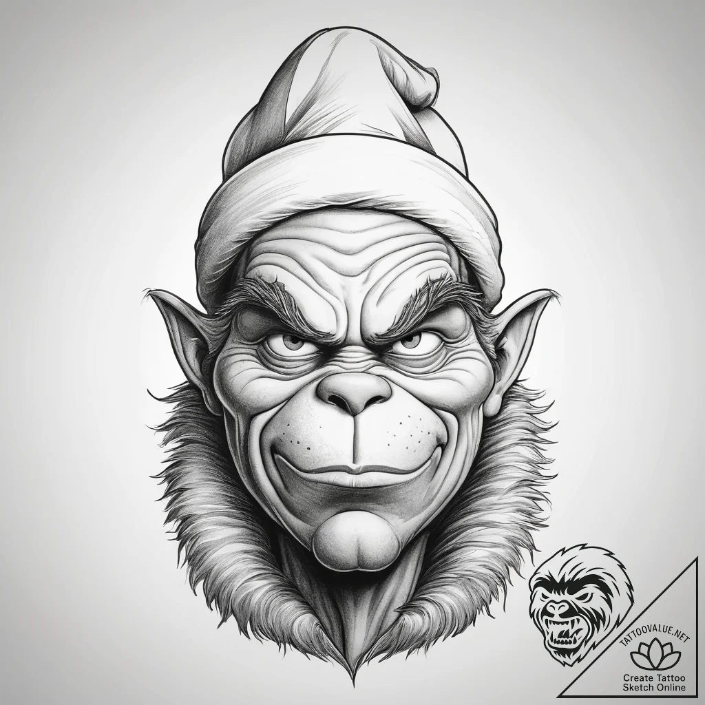 Tattoo sketch the grinch with a fur, tattoo d... - tattoo sketch (№1759234567_0, 30.09.2025 12:16) — tattoovalue.net