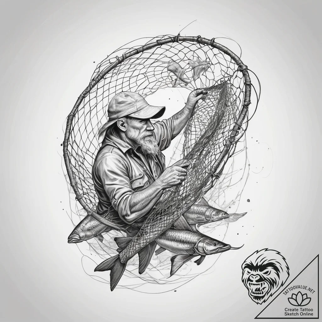 Tattoo sketch fisherman fishing net with fish - tattoo sketch (№1759236132_0, 30.09.2025 12:42) — tattoovalue.net