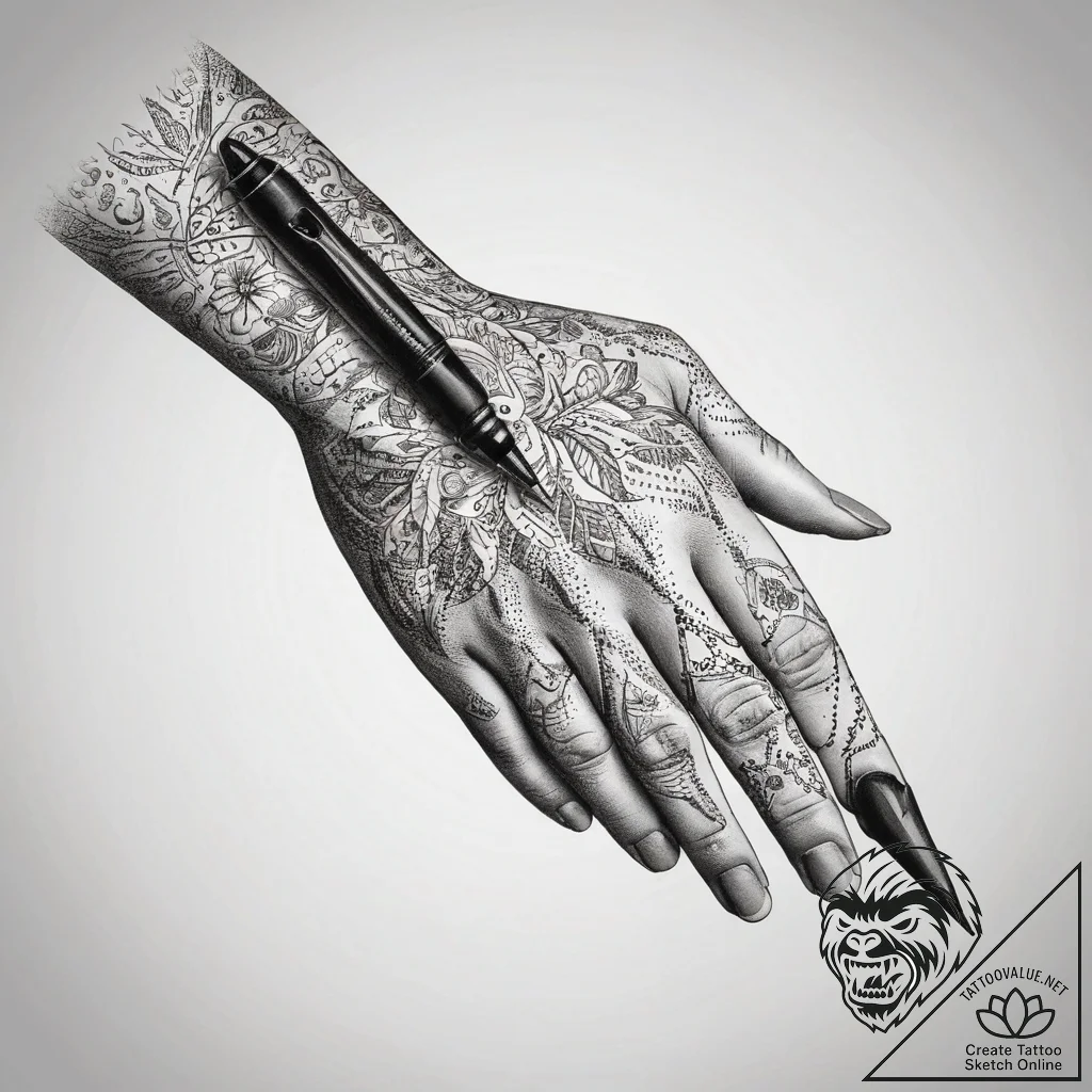 Tattoo sketch hands with a pen, ink illustrat... - tattoo sketch (№1759239265_0, 30.09.2025 13:34) — tattoovalue.net