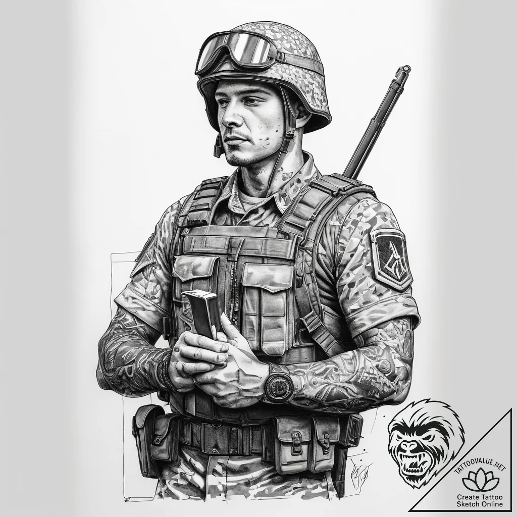 Tattoo sketch soldier with a book, concept ar... - tattoo sketch (№1759240045_0, 30.09.2025 13:47) — tattoovalue.net