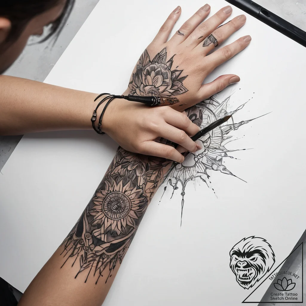 Tattoo sketch hands with a brush - tattoo sketch (№1759240433_0, 30.09.2025 13:53) — tattoovalue.net