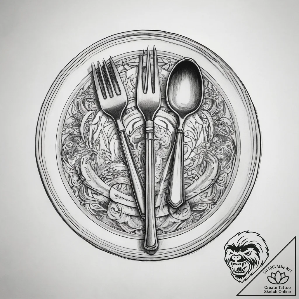 Tattoo sketch fork and spoon with a plate, in... - tattoo sketch (№1759241212_0, 30.09.2025 14:06) — tattoovalue.net