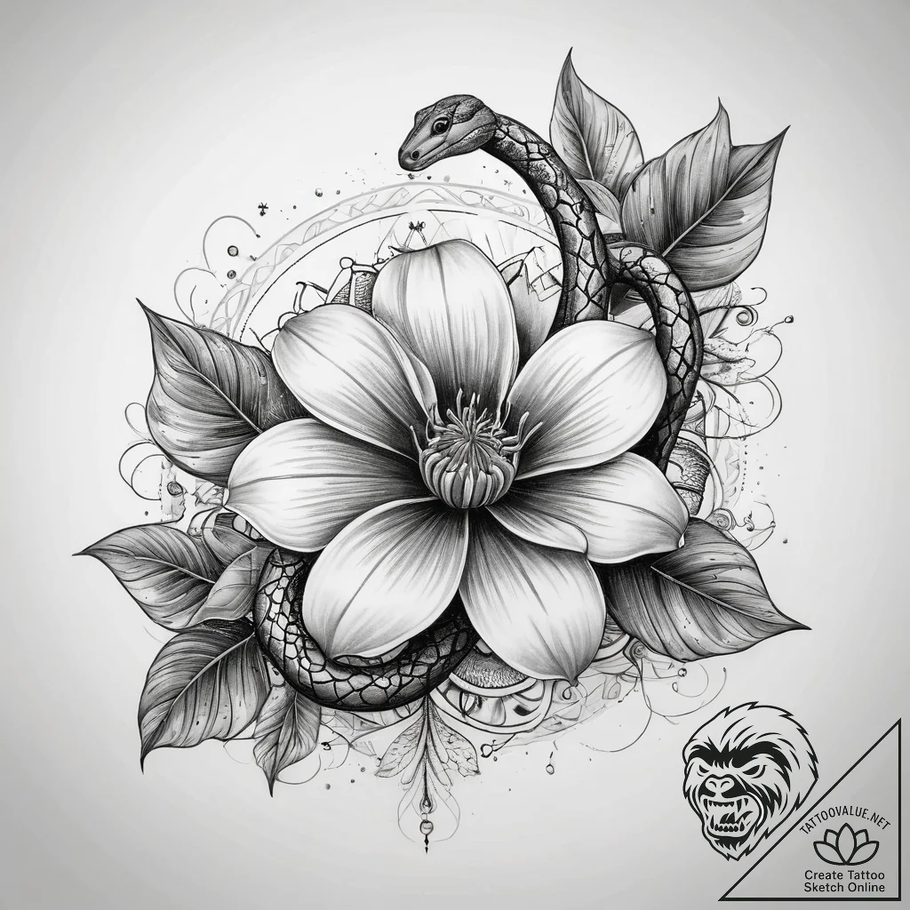 Tattoo sketch magical flower with a snake, ta... - tattoo sketch (№1759243371_0, 30.09.2025 14:42) — tattoovalue.net