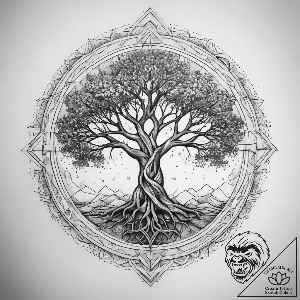 Tattoo sketch romantic sunset with a tree, ta... - tattoo sketch (№1759243959_0, 30.09.2025 14:52) — tattoovalue.net