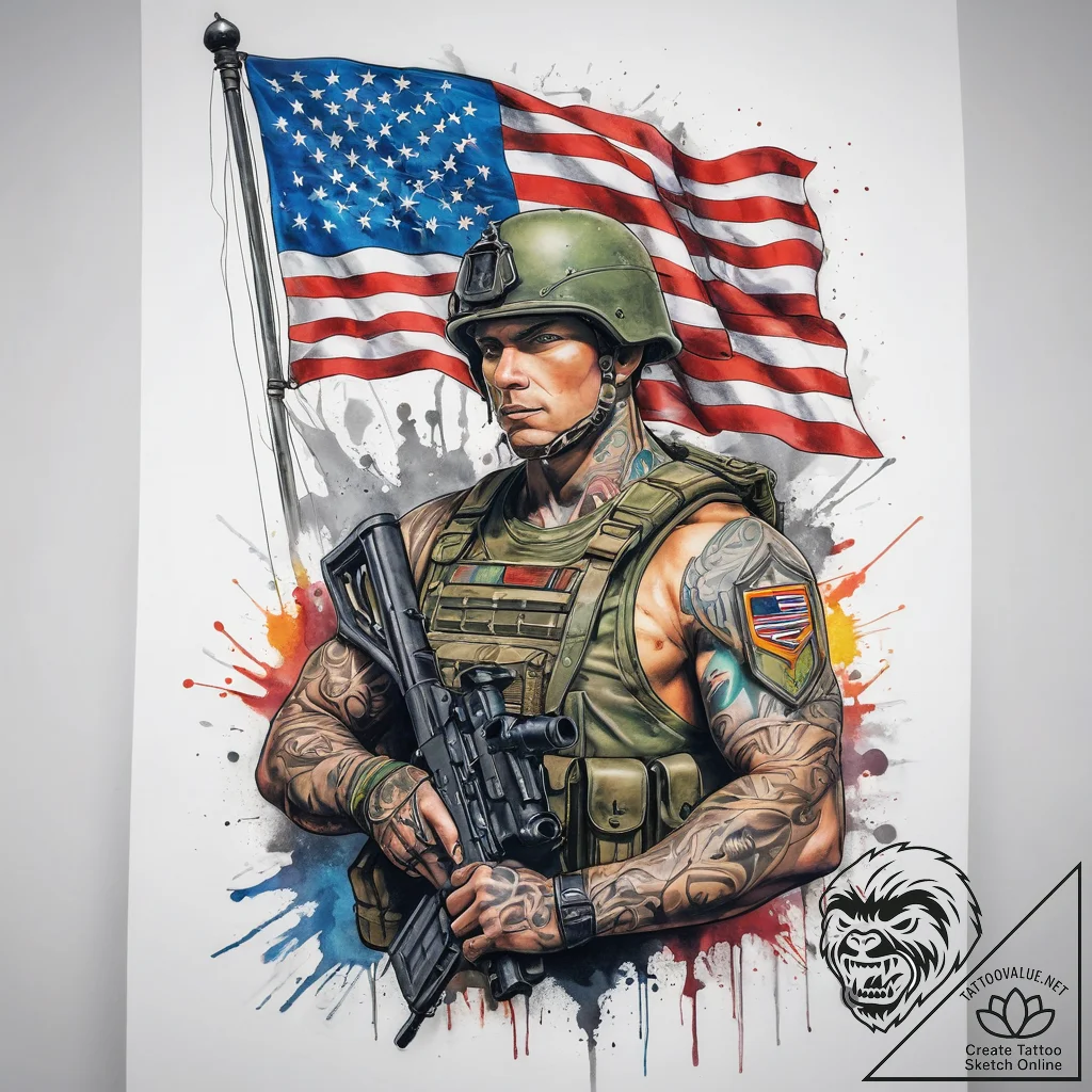 Tattoo sketch soldier with a flag, concept ar... - tattoo sketch (№1759246133_0, 30.09.2025 15:28) — tattoovalue.net