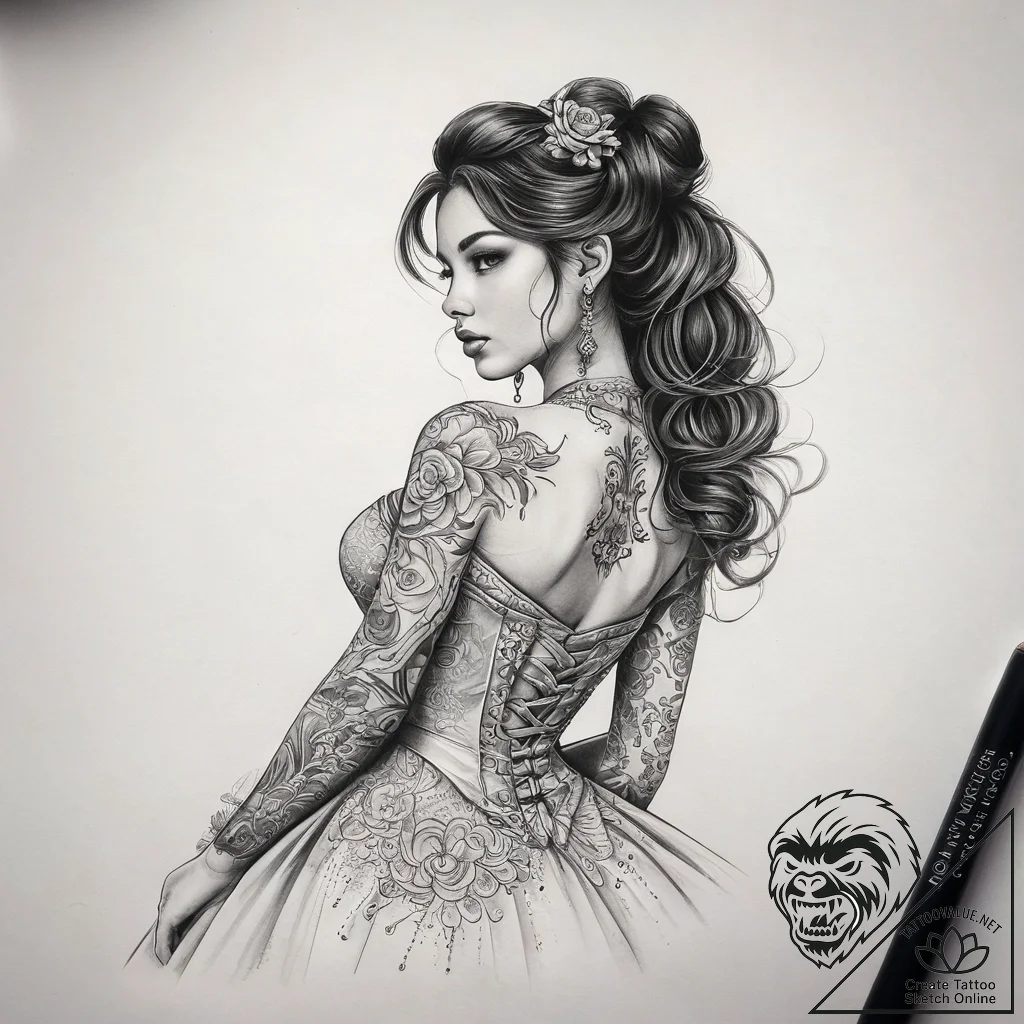 Tattoo sketch quinceanera dress with a quote,... - tattoo sketch (№1759246330_0, 30.09.2025 15:32) — tattoovalue.net
