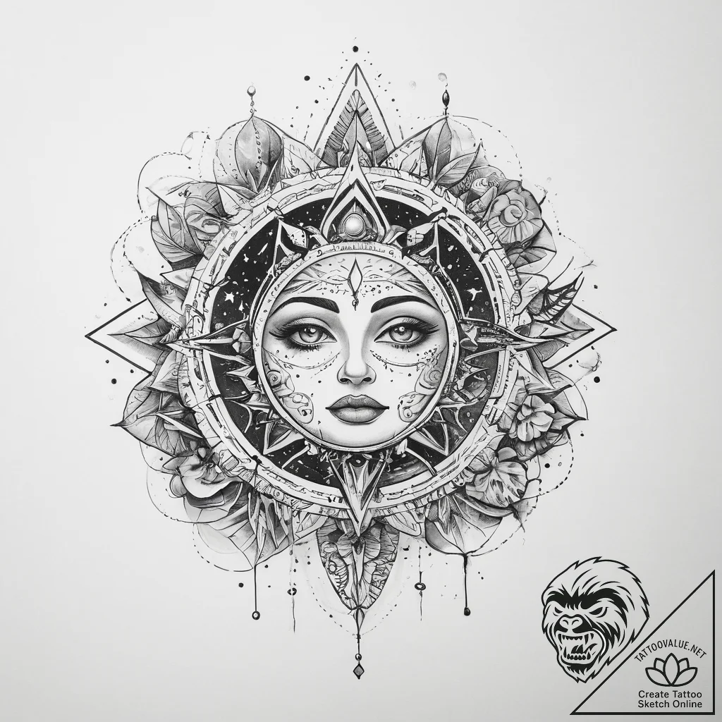 Tattoo sketch cosmic narrative - tattoo sketch (№1759338624_0, 01.10.2025 17:10) — tattoovalue.net