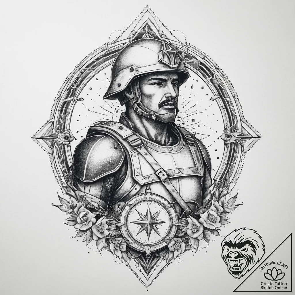 Tattoo sketch soldier with an astrology, tatt... - tattoo sketch (№1759338821_0, 01.10.2025 17:13) — tattoovalue.net