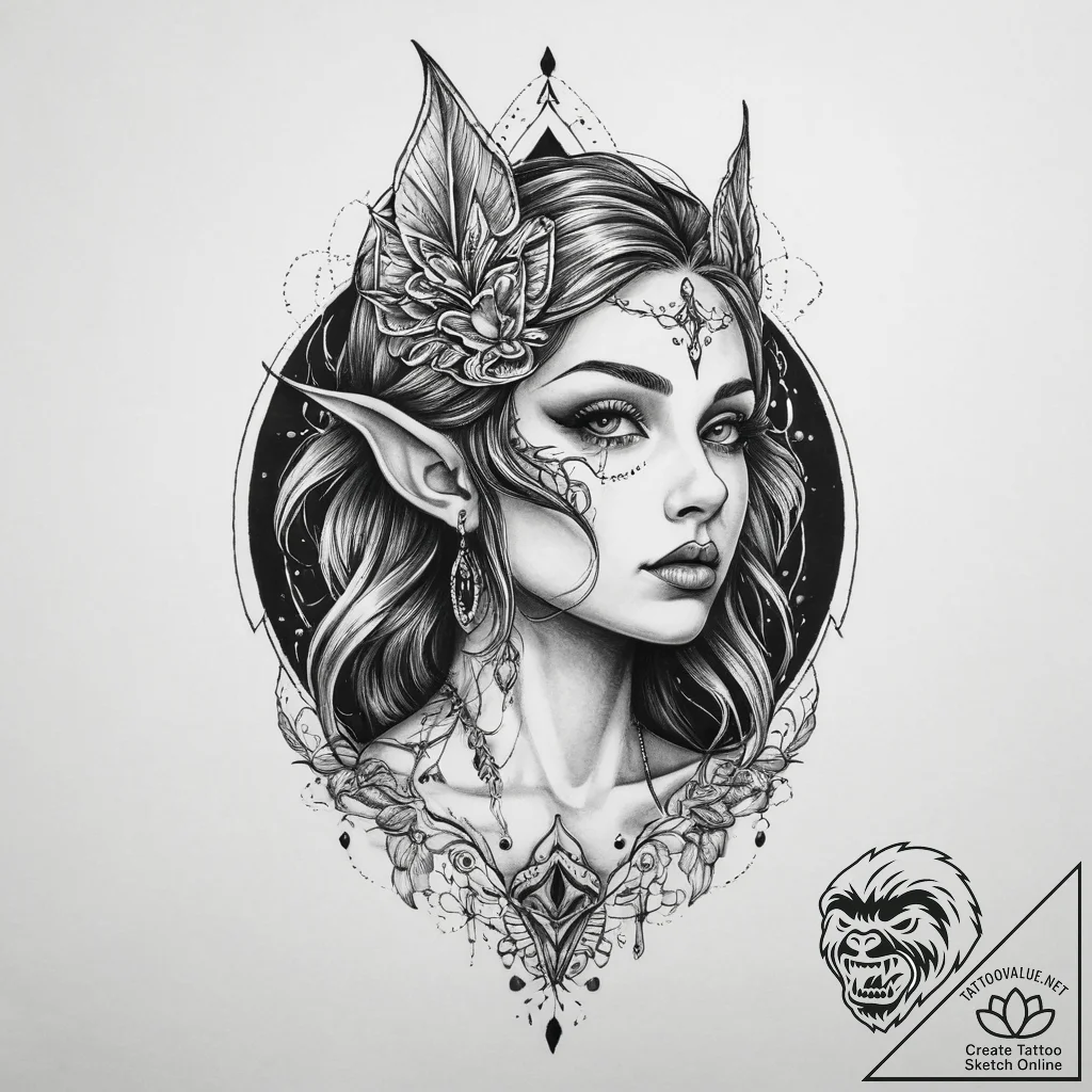 Tattoo sketch half-elf charm, concept art for... - tattoo sketch (№1759345544_0, 01.10.2025 19:05) — tattoovalue.net
