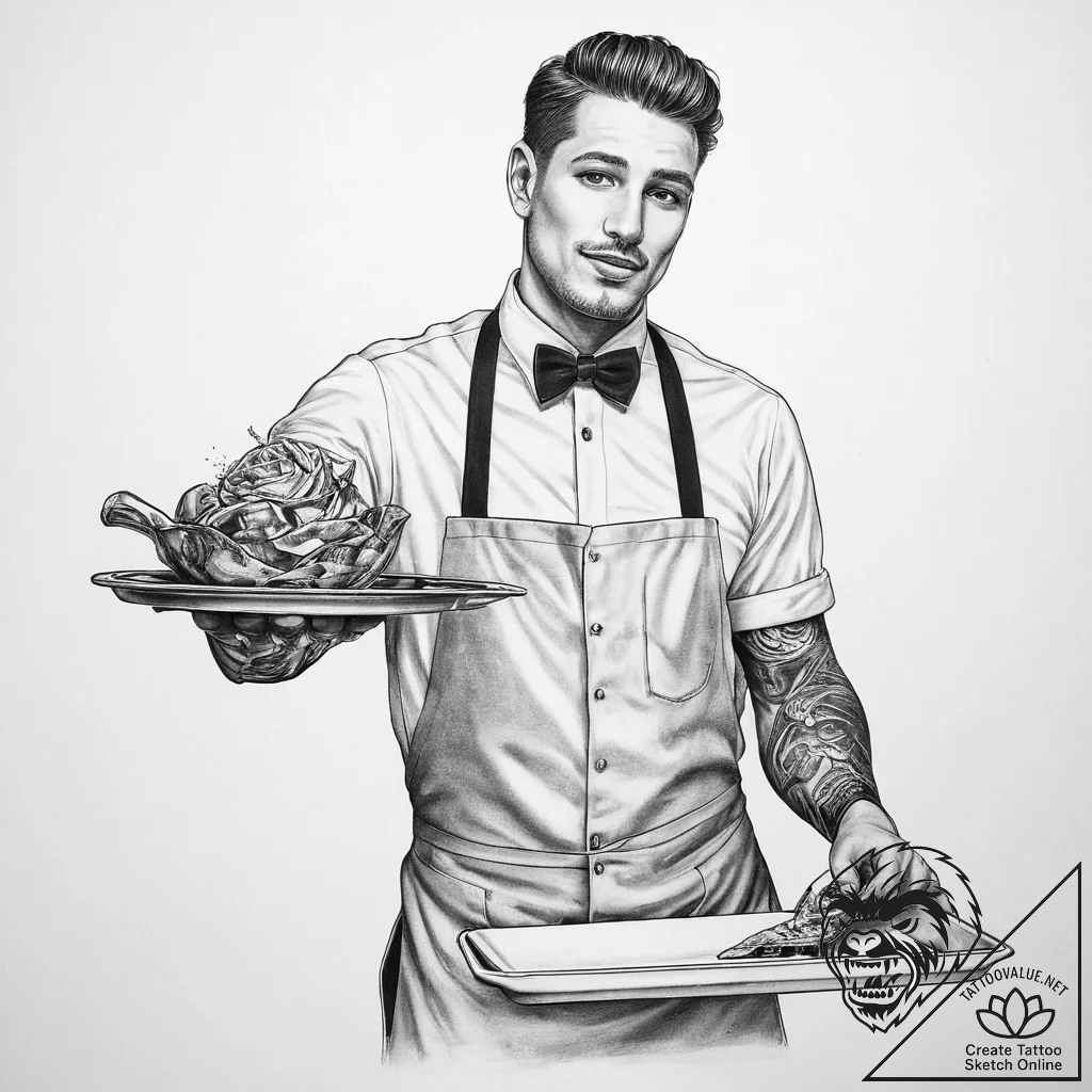 Tattoo sketch waiter serving tray and dish, c... - tattoo sketch (№1759347726_0, 01.10.2025 19:42) — tattoovalue.net