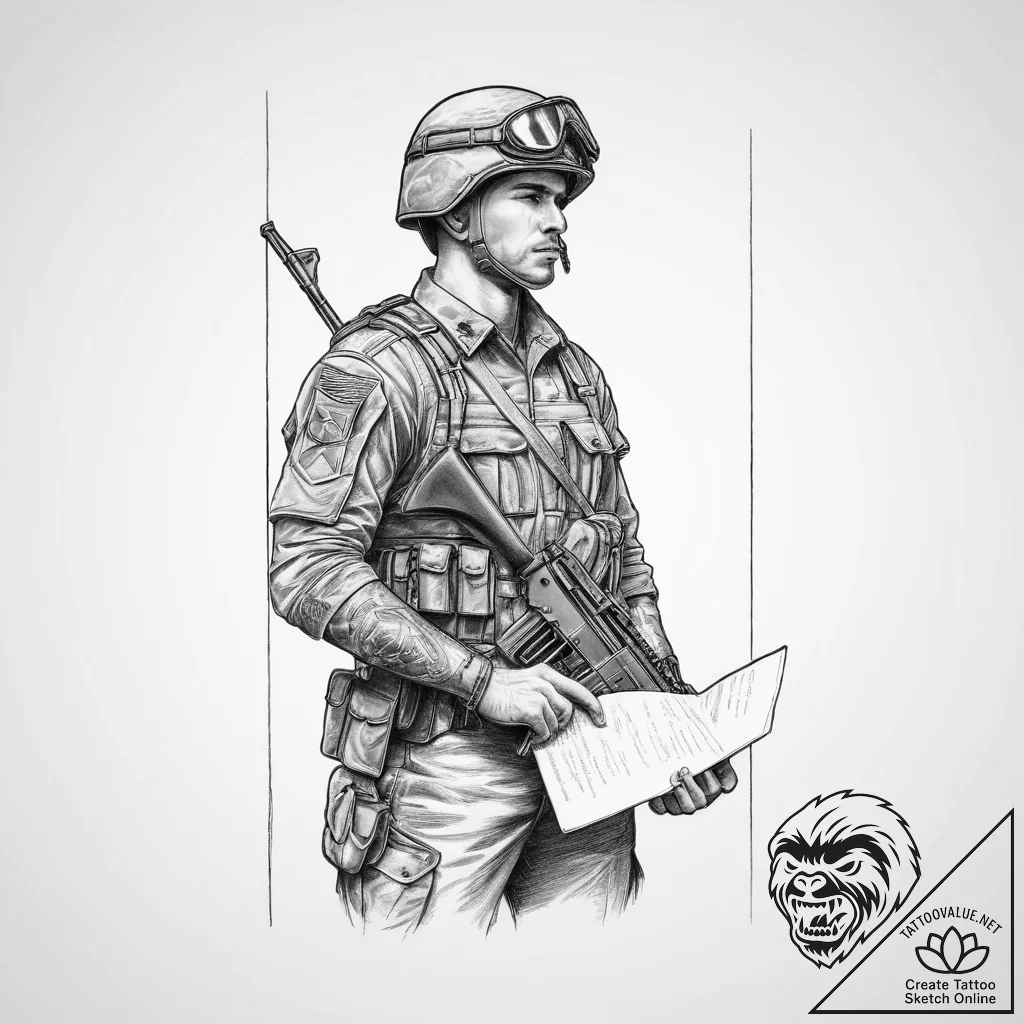 Tattoo sketch soldier with a document, tattoo... - tattoo sketch (№1759352678_0, 01.10.2025 21:04) — tattoovalue.net