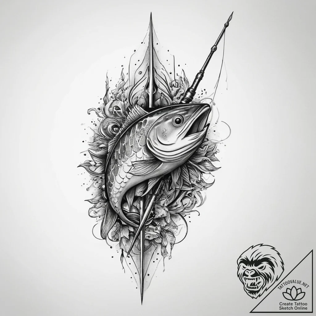 Tattoo sketch spearfishing a spear with a fis... - tattoo sketch (№1759358640_0, 01.10.2025 22:44) — tattoovalue.net