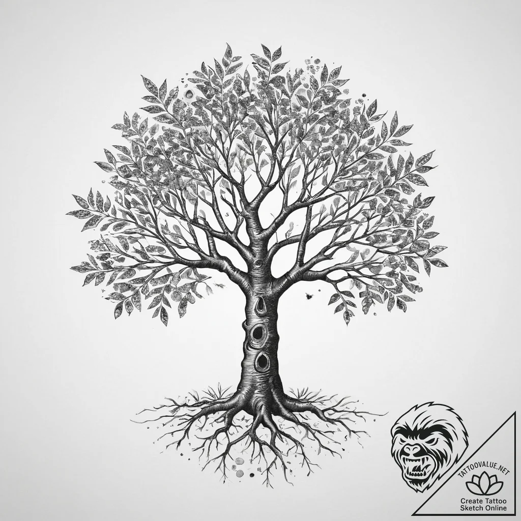 Tattoo sketch tree with a leaf, ink illustrat... - tattoo sketch (№1759359036_0, 01.10.2025 22:50) — tattoovalue.net