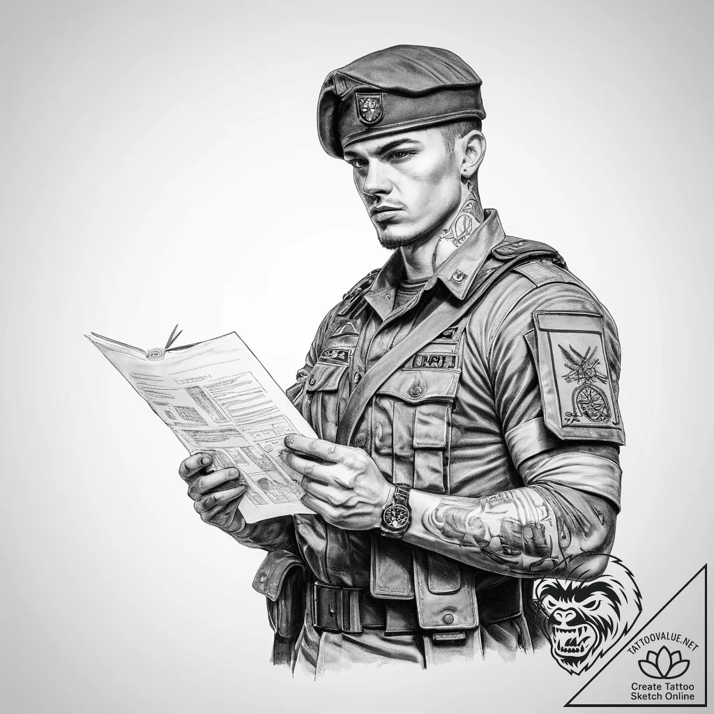 Tattoo sketch soldier with a document - tattoo sketch (№1759367987_0, 02.10.2025 01:19) — tattoovalue.net