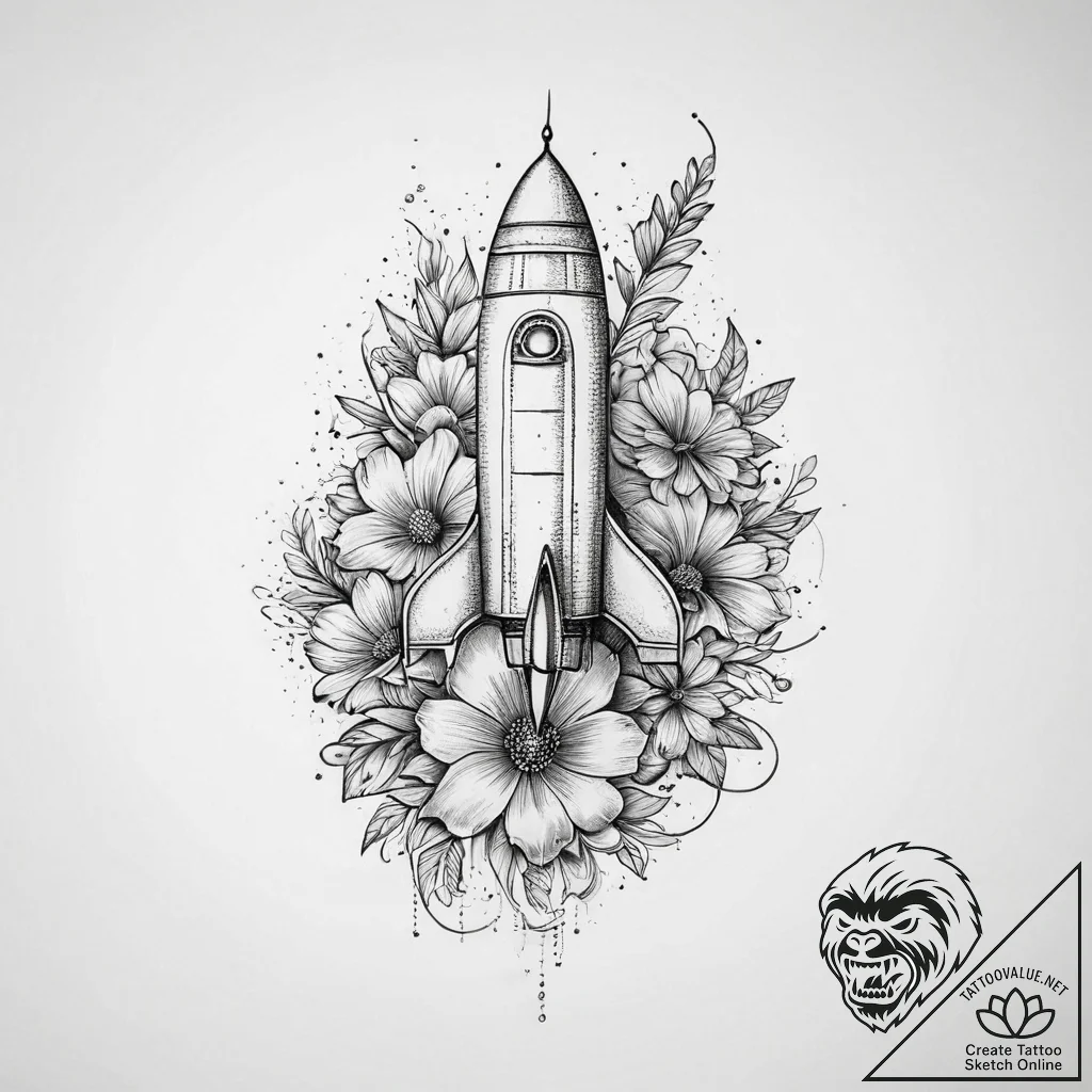 Tattoo sketch rocket with a flower, tattoo dr... - tattoo sketch (№1759377327_0, 02.10.2025 03:55) — tattoovalue.net