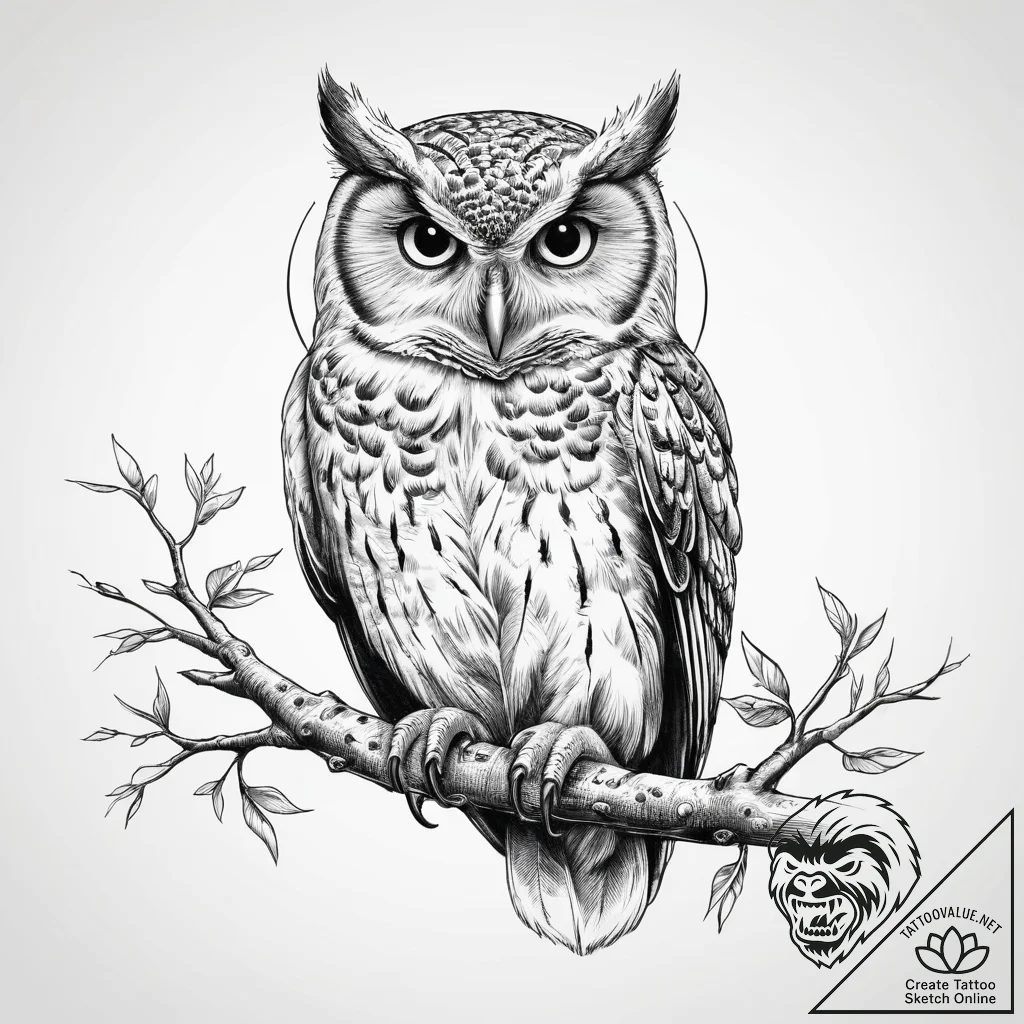 Tattoo sketch birdwatching owl on a branch, i... - tattoo sketch (№1759379720_0, 02.10.2025 04:35) — tattoovalue.net